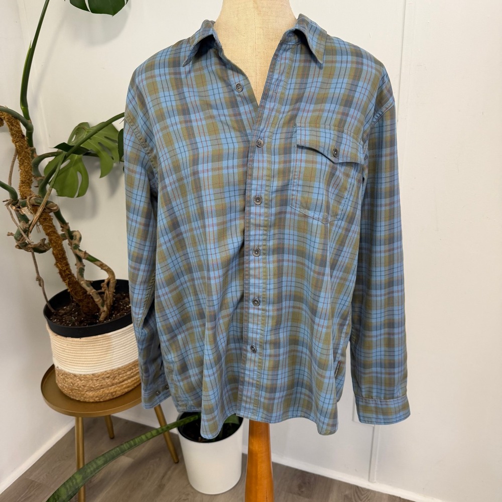 Royal Robbins Plaid Button Down Shirt Mens Large Blue Olive Hiking Outdoor L